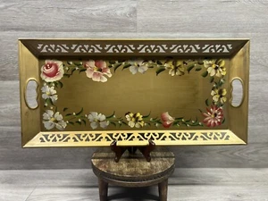 Bandeja Tole Floral Pintada a Mano De Colección Superposición Dorada Mangos Forma Rectángulo GRANDE - Imagen 1 de 10