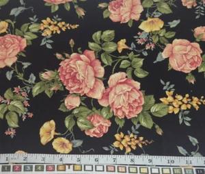 Cranston Print Works Roses/Morning Glories On Black 1.75yds Pinks/Yellow - Picture 1 of 2