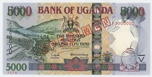 Uganda 5000 Shilingi 2005 Pick 44.s UNC Nieobiegowy wzór banknotu - Zdjęcie 1 z 2