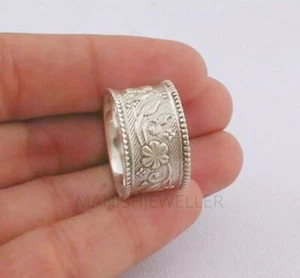 Anello uomo a fascia con fiori massiccio fatto a mano in argento sterling 925 dichiarazione fascia larga MJ4 - Foto 1 di 2