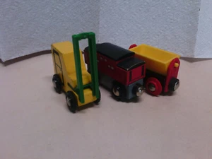 Brio Wooden Railway Magnetic Train Cars Caboose Forklift Hopper Wagon Lot of 3 - Picture 1 of 7