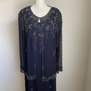J Kara Damen Petite 14 Marine Perlen 2-teiliges formelles Set Kleid mit transparenter Jacke - Bild 1 von 20