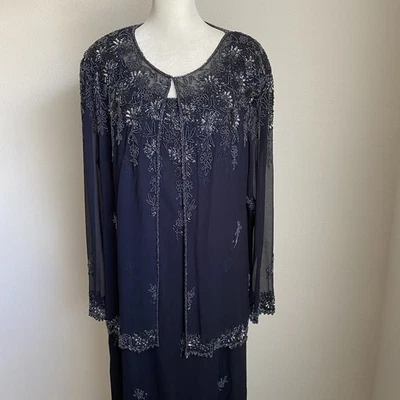 Conjunto formal de 2 piezas con chaqueta transparente J Kara Petite 14 azul marino con cuentas para mujer Foto 1 de 4