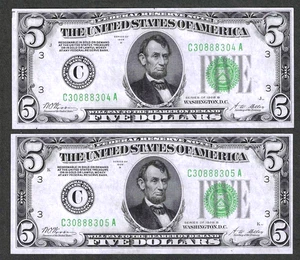 1928-B $5 PHILADELPHIA ~ PAYABLE IN GOLD ~ 1 NOTE OF 2 CONSECUTIVE GEM CRISP UNC - Picture 1 of 3