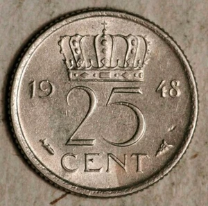 1948 NETHERLANDS 25 CENTS (ONE-YEAR TYPE!) AU! - Picture 1 of 2