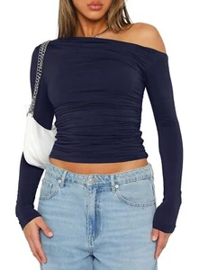 Women's Casual Boat Neck Off Shoulder Long Sleeve Slim Fit Crop Top Going Out... - Picture 1 of 4