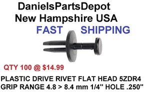 x100 1/4" HOLE RIVET PLASTIC 4.8- 8,4 mm GRIP RANGE 5ZDR4 FLAT PUSH PIN BLACK - Picture 1 of 13