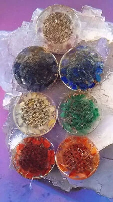 ORGONE CHAKRA CRYSTAL DISC SET WITH FLOWER OF LIFE, CHAKRA BALANCING SET