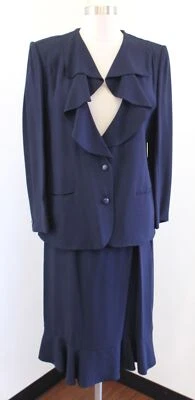 Vtg Nina Ricci Boutique Paris Navy Blue Ruffle Blazer & Skirt Suit Set Size M  ? - Image 1 of 4