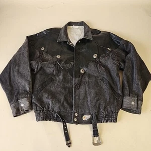 Vintage JEFF HAMILTON Leather/Denim Tassle BIKER JACKET Size Small Rare 🔥  - Picture 1 of 12