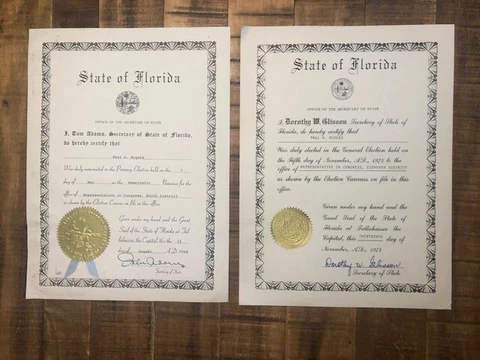2 ORIGINAL Certificates/Republican Paul Rogers-Prim Elec. '68/Gen. Elec. '74 Cover