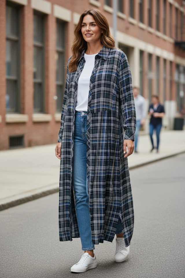 Cárdigan plumero largo verde azul marino ligero a cuadros Torrid Holiday mangas abiertas 2X Foto 1 de 4