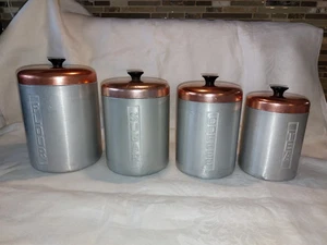 Vtg MCM Set 4 Spun Aluminum Kitchen Canisters Copper Color Lids VGC - Bild 1 von 5