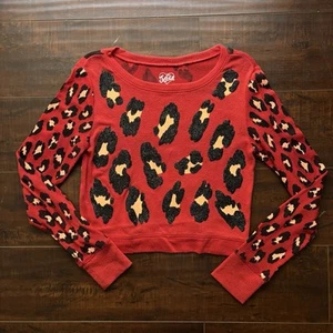 Justice Girls Red Glitter Cheetah Print Long Sleeve Shirt Size 12 - Picture 1 of 4
