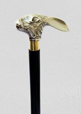 Bastón de madera cabeza de conejo de diseño antiguo regalo acabado latón vintage Foto 1 de 4