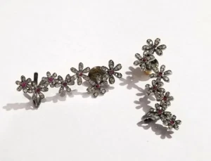 Diamond And Garnet Flower Climber Sterling Earrings - Picture 1 of 1