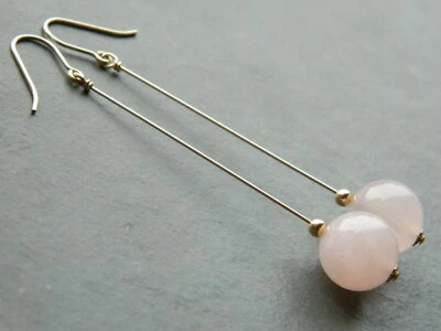 Hermosos pendientes largos grandes de cristal de cuarzo rosa rosa y oro laminado Foto 1 de 4