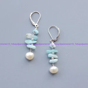 Light Blue Amazonite Gem 6-7mm White Freshwater Pearl Dangle 925 Silver Earrings - Picture 1 of 12