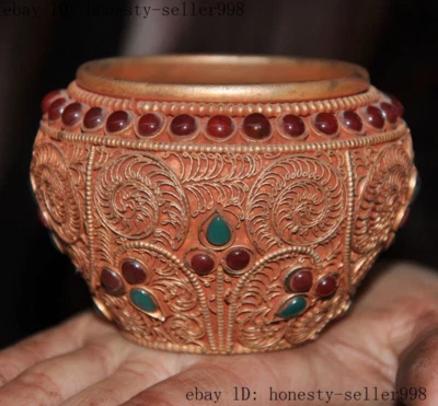 Antiguo budismo tibetano plata dorada filigrana incrustación gema tanque vasija jarra estatua Foto 1 de 4