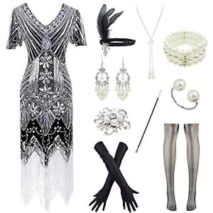 1920s Sequins Gatsby Cocktail Flapper Dress Black Silver Sm  Headband Accs Set 