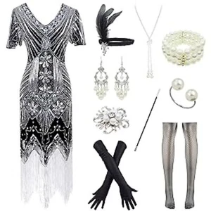 Años 1920 Lentejuelas Gatsby Cóctel Vestido con Aletas Negro Plata Sm Diadema Juego de Accesorios - Imagen 1 de 7