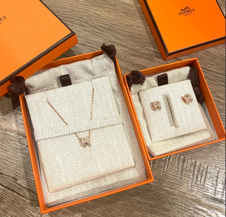 Nuevo Juego de Colgantes y Pendientes HERMES Mini Pop H Marrón Enlace Oro Rosa Hardware RGHW Foto 1 de 1