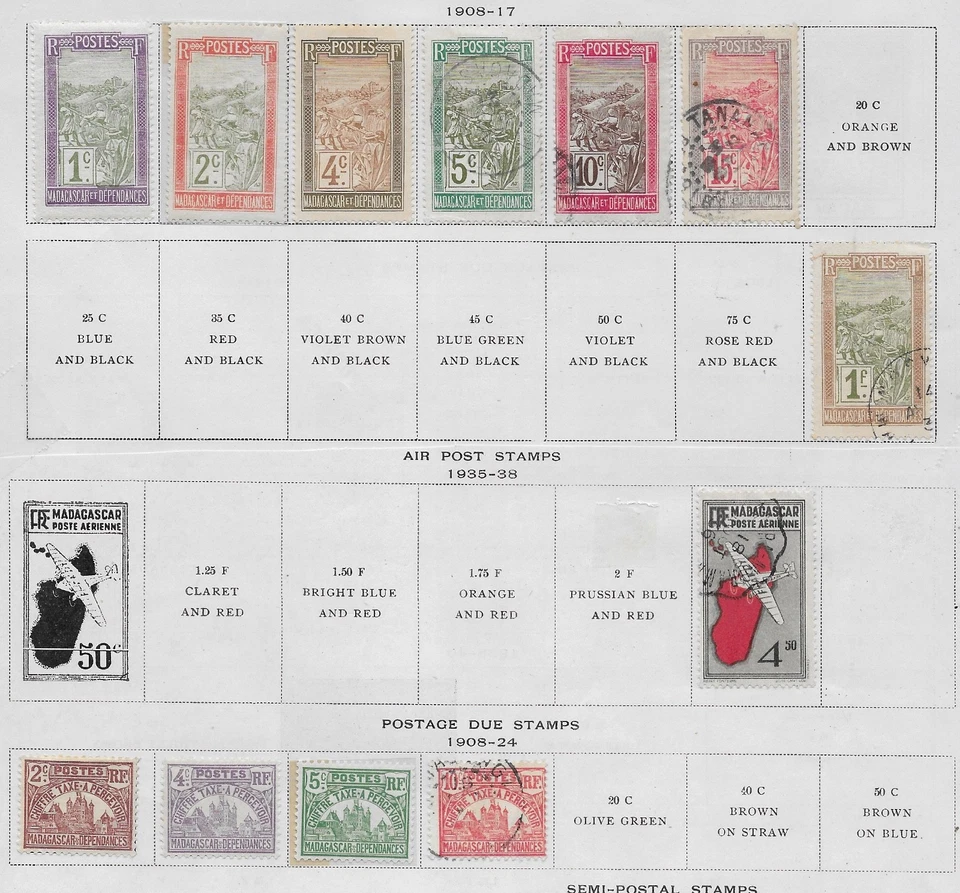 12 марок Мадагаскара с обратной стороны книги из качественного старого антикварного альбома 1908–1938 гг. - Изображение 1 из 1