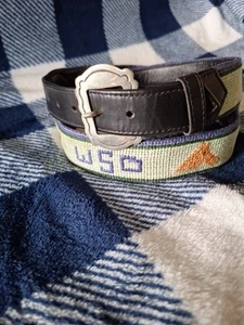 Needlepoint Equestrian Belt Horse Head Saddle Hounds 800 Silver Buckle "T" - Picture 1 of 10
