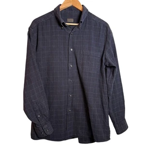 Talbots Men Large Navy Blue WindowpaneCheck Cotton Button-Down Shirt Vintage90 - Picture 1 of 8