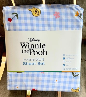 Winnie the Pooh Bed FULL Size Sheet Set   Blue Plaid Gingham   Winnie and Floral - Image 1 of 4