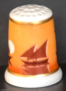 Vtg Limoges Fine Porcelain SHIPS AT SUNSET Collectible Sewing Thimble ~ France - Foto 1 di 5