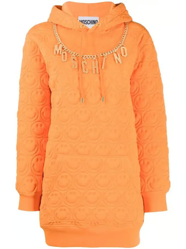 Abito con cappuccio SS21 MOSCHINO Couture Jeremy Scott arancione sorridente oro logo charms
