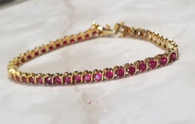 Ross Simons Yellow Gold/Sterling silver bright Lab created Pink Tennis Bracelet - Image 1 of 4