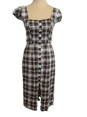 Trixxi Gray Plaid Fitted Bustier Top Keyhole Back Midi Cap Sl. Rayon Dress Small - Image 1 of 4