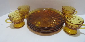 VTG AMBER INDIANA GLASS WHITEHALL CUBIST DESIGN LUNCH/SNACK SET SET OF 4 - Picture 1 of 14