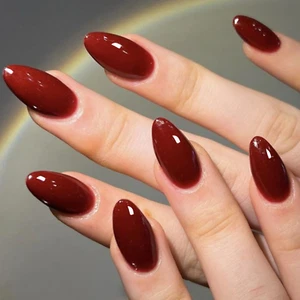 Cherry Red Press on Nails Medium Almond, Handmade Jelly Soft Gel Dark Red Glue o - Picture 1 of 12