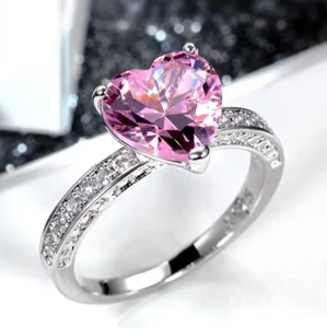 2Pcs Lady Set Heart Pink Zircon Ring Lady Engagement Wedding Copper Ring - Picture 1 of 3