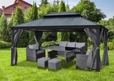 Pavillon Damas 3 x 3,65 m toit métallique pergola gazebo toit ouvrant toit de... - Photo 1/4