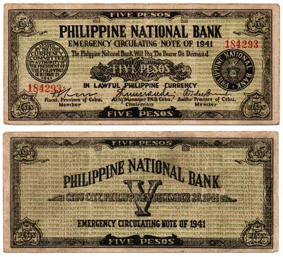1941 Philippine S219 Province of Cebu PNB 5 Pesos Guerilla Issued Only 20k Made - Image 1 of 4