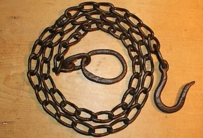 Antique Vintage Wrought Iron Hook on Length of Chain Beam Iron Ring 60" Inches - Image 1 of 4