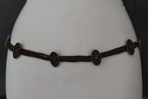 Women Fashion Brown Tie Belt Hip Waist Antique Silver Metal Chain Red Beads S M - Picture 1 of 12