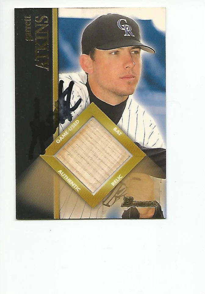Tarjeta reliquia de murciélago Bowman 2002 autografiada firmada por Garrett Atkins Colorado Rockies Foto 1 de 1