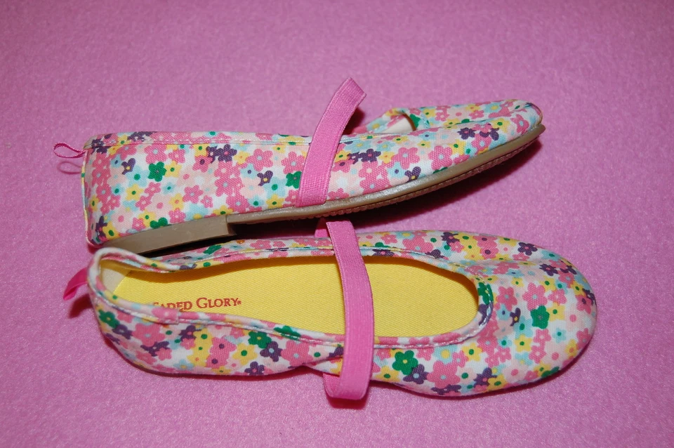 Girls Shoes CLOTH BALLET FLATS Colorful Flowers PINK ELASTIC STRAP Size 8 - Image 1 of 1