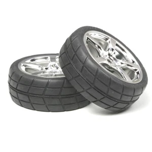 Tamiya 53955 RC 1/10 Pre-Cemented Tires w/ 5 Spoke Metal Plated Wheels (2Pcs) - Picture 1 of 1