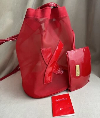 Raro 🔥Paloma Picasso Rojo Malla Patrón Cuero Mochila Bolso de Playa Foto 1 de 4