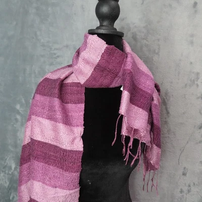 Bufanda de pueblo de seda tailandesa para mujer púrpura rosa a rayas 100 % seda flecos chal envolvente Foto 1 de 4