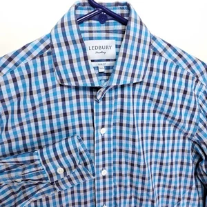 LEDBURY Slim Fit Plaid Button Up Shirt Men's 15.5 Blue Cotton Busines Casual EUC - Picture 1 of 11