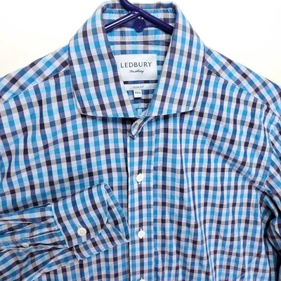 LEDBURY Slim Fit Plaid Button Up Shirt Men's 15.5 Blue Cotton Busines Casual EUC - Image 1 of 4