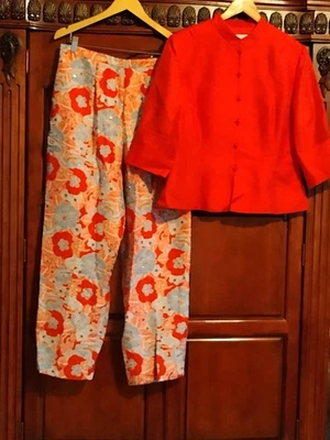 Adrianna Papell 100% 真丝红色花卉轻便夹克和裤子套装全新带标签 16 码  — 第 1/4 张图片