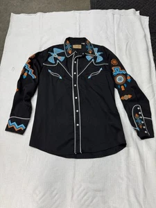 Scully Western Mens Black Pearl Snap Embroidered Phoenix Birds Long Sleeve Sz M - Picture 1 of 14